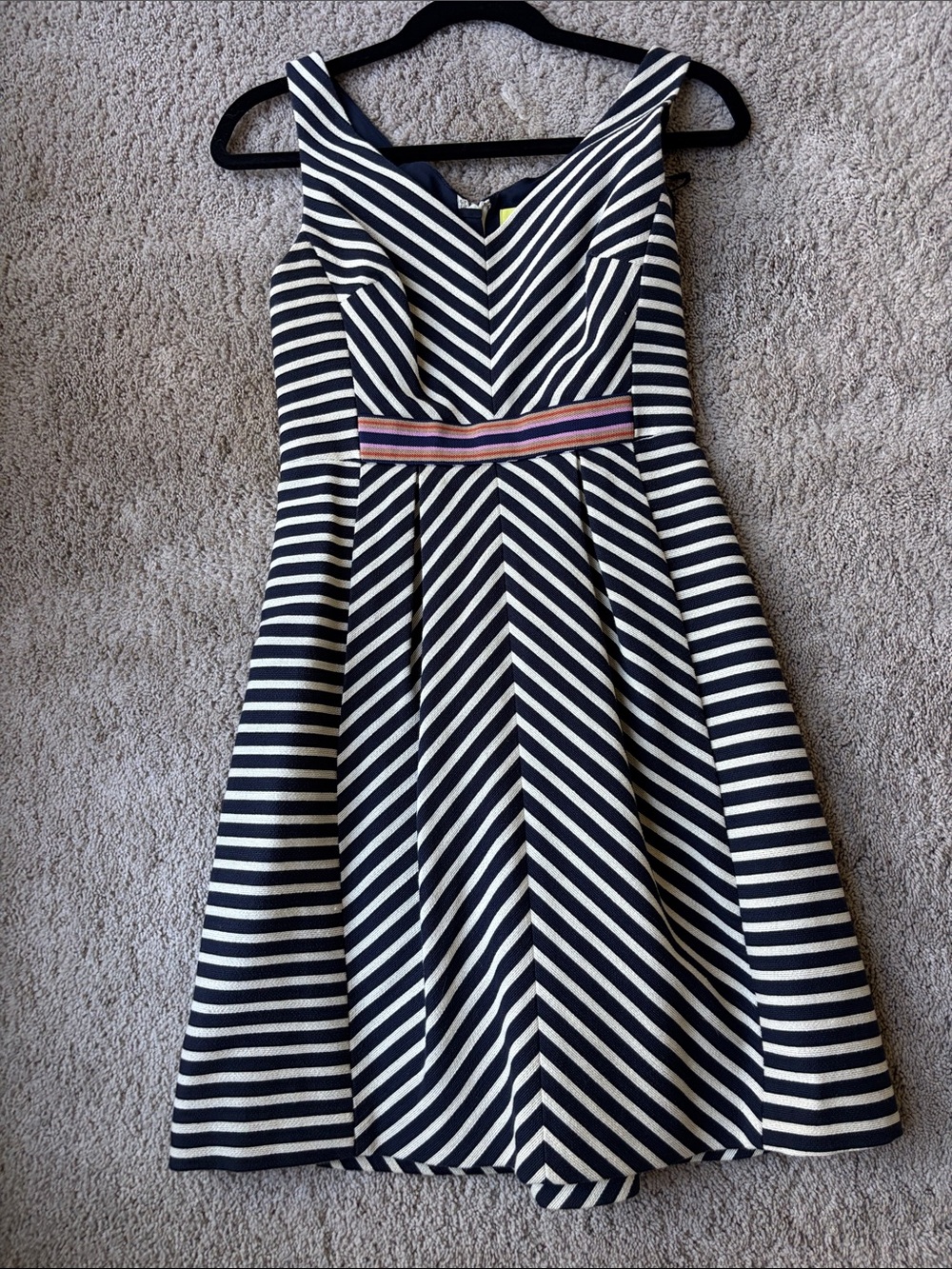 Maeve Navy and White Chevron Midi Dress with Multicolor Waistband